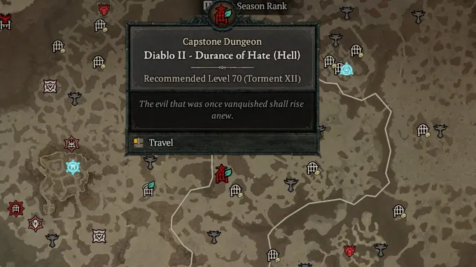 Diablo 4 Season 15 Map showing the Durance of Hate Capstone Dungeon in Hell difficulty
