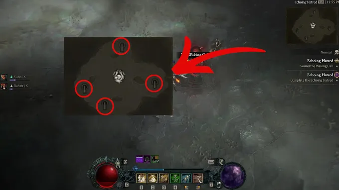 Diablo 4 Echoing Hatred mini-map showing the shrines you can activate