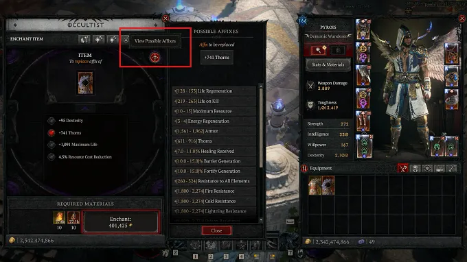 Diablo 4 Occultist enchanting tab with the view on the possible affixes