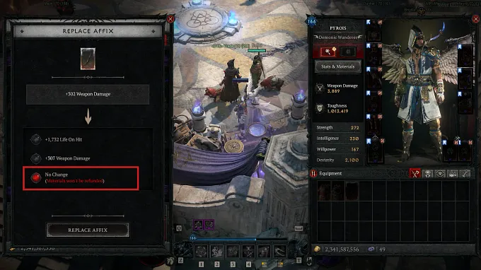 Diablo 4 Occultist Enchanting tab with the example of a "No Change" roll
