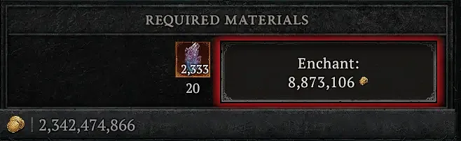 Diablo 4 Enchanting of a Unique item showing the material cost