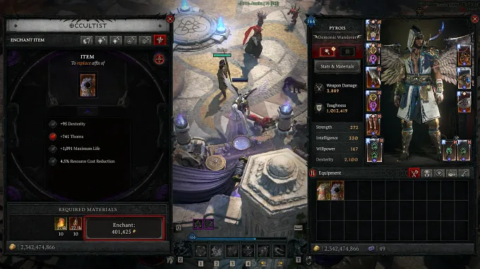 Diablo 4 Enchanting tab at the Occultist with the example of a Legendary item