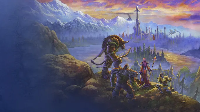 Wow Forever cover art with characters in the front, looking at the distant town from the top of a cliff