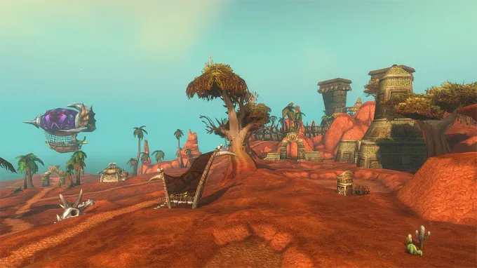 WoW Forever Darkspear Islands Battleground, with buildings on the side, a skeleton on the left on the ground, a balloon in the back, and a desertic view
