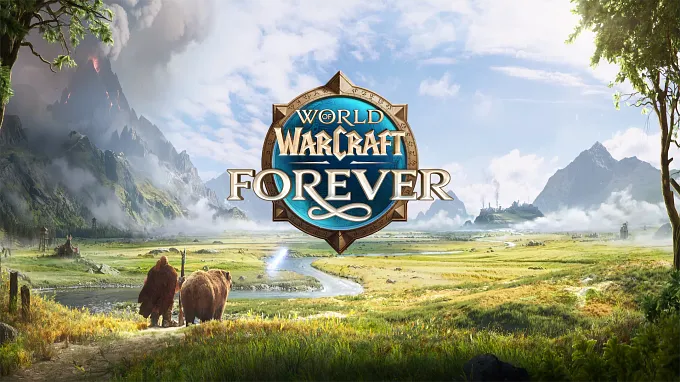 Wow Forever image with the logo in the middle, a huge zone and two characters in front