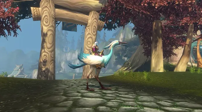 Wow Forever Skyborne race sitting on their Galestrider mount in front of a gate in the forest