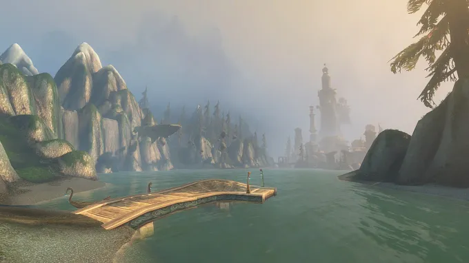 WoW Forever Zephras Isle with a dock on the water and the city in the background