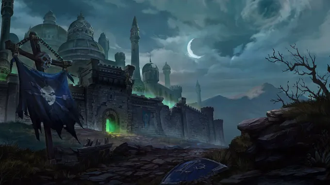 Warcraft III Reforged: Forsaken Kingdom castle and ruins and broken banner in front with the moon in the back