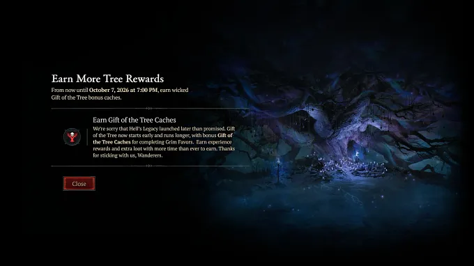 Diablo 4 Season 15 Gift of the Tree Caches event page in game