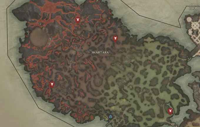 Diablo 4 map showing the location of all 4 Golems in Skartara, near Fool's Quarry Waypoint