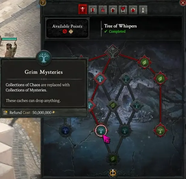 Diablo 4 War Plan nodes for the Tree of Whispers highlighting the Grim Mysteries node