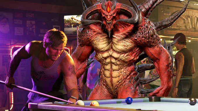 Diablo from Diablo 2 Resurrected composited into a GTA 6 bar scene, looming behind Jason as he lines up a shot at a pool table.