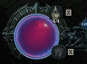Diablo 4 Health Globe showing full Life, Barrier, and Fortify