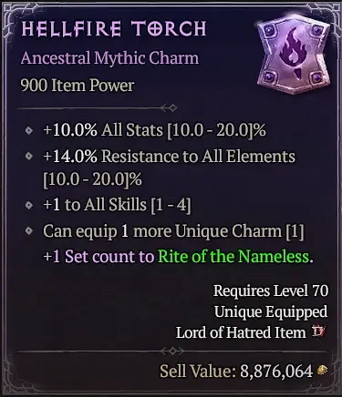Diablo 4 Season 14 Hellfire Torch Tooltip detailing the bonuses on the item