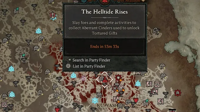 Diablo 4 Helltides map in Fractured Peaks showing the Helltide icon and description