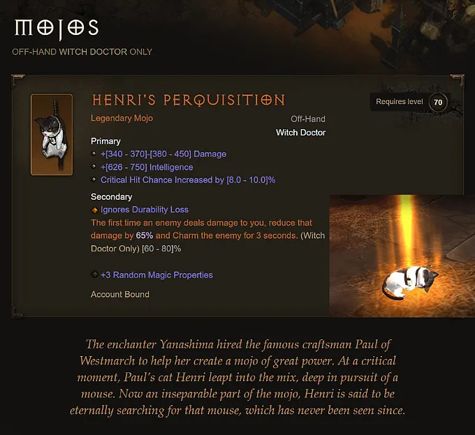 The Diablo 3 tooltip for Henri's Perquisition, a Legendary Witch Doctor mojo, with its Intelligence stats and a sleeping cat shown beside it.