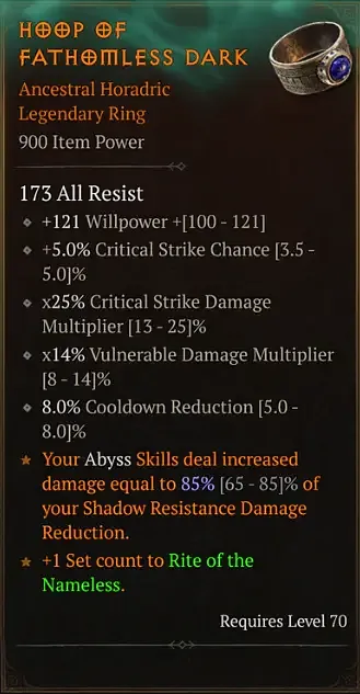 Diablo 4 Season 16 Horadric Legendary Ring showing a +1 set bonus to Rite of the Nameless