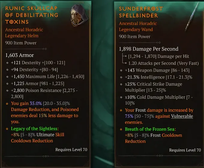 Diablo 4 horadric helm and sword showing an ultimate bonus and frost cooldown bonus set 