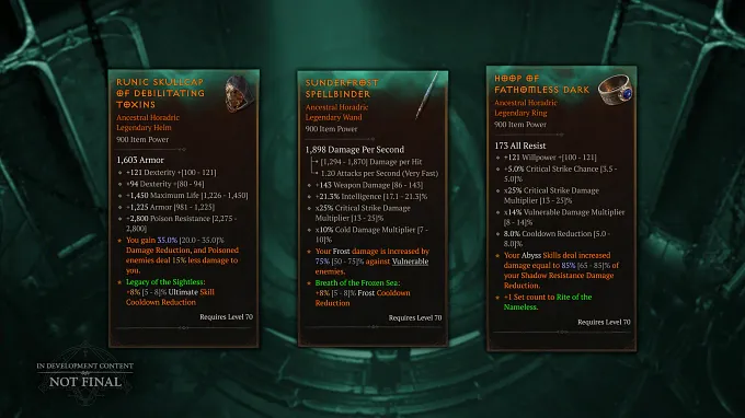 Diablo 4 Season 16 3 armor, wepaon, and ring example of the new horadric items with set affixes on them