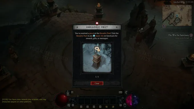 Diablo 4 PTR Horadric Post notification saying a parcel has arrived to collect at any major city in Sanctuary