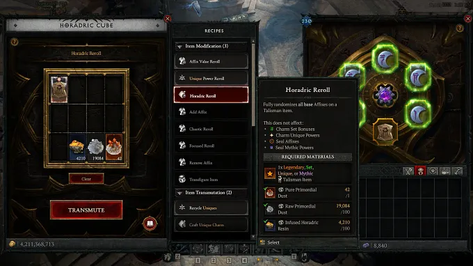 Diablo 4 Horadric Cube menu showing the Horadric Reroll option with charms placed in
