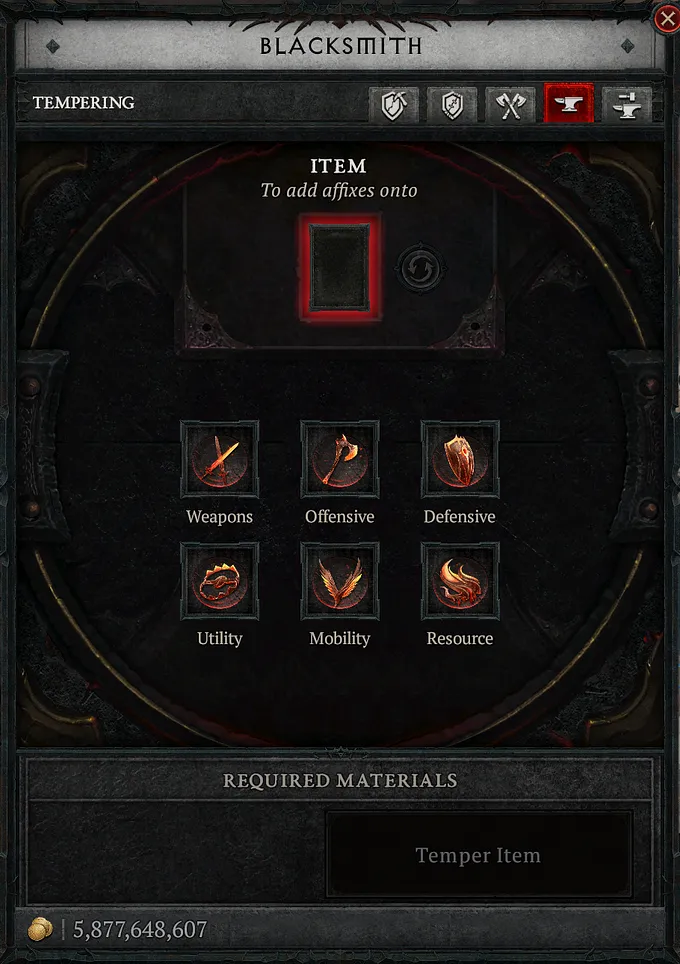 Blacksmith window with the empty slot to place your piece of gear, and the different temper categories (weapons, offensive, defensive, utility, mobility and resource). 