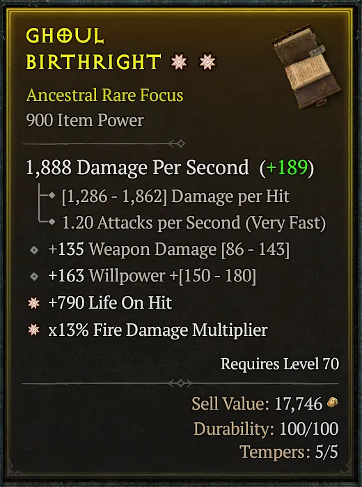 Rare Focus Tooltip with 2 Greater Affixes on Life on Hit and Fire Damage Multiplier.