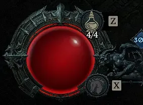 Diablo 4 health globe at full life, with a complete red glowing overlay indicating the character has some Fortify. An ornate spiked frame is around the globe to signify that the character is currently Fortified.