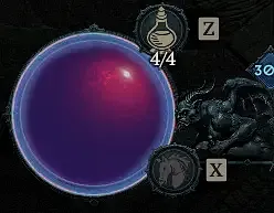 Diablo 4 health globe at full life, covered by a glossy blue overlay indicating the character has full Barrier.