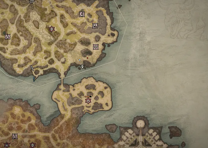 Map showing the fishing spot in Skovos to summon Mephisto. 