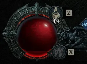 Diablo 4 health globe at full life, with a partial red glowing overlay indicating the character has some Fortify. An ornate spiked frame is around the globe to signify that the character is currently Fortified.