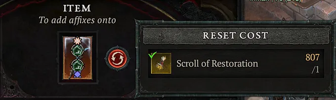 Temper window showing the item to add affixes onto, as well as the scroll of restoration button to restore a temper charge. 