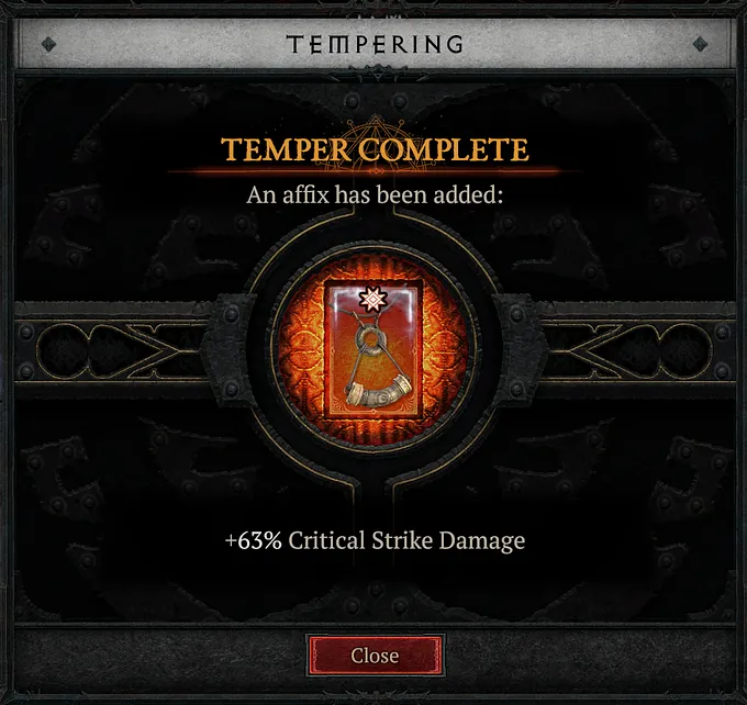 Tempering successful window showing you a Greater Affix for Critical Strike Damage
