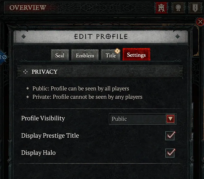 Diablo 4 Edit Profile settings with Display Prestige Title and Display Halo turned on