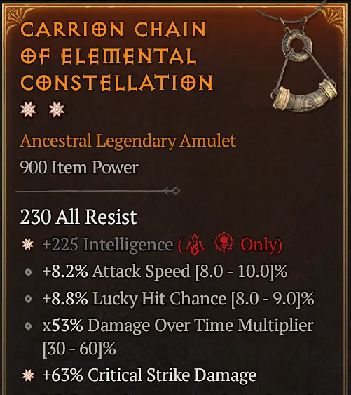 Ancestral Legendary Amulet with a successful Temper Greater Affix for Critical Strike Damage.