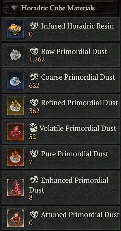 Horadric Cube Materials sidebar showing all types of Dusts and Resin available in-game.