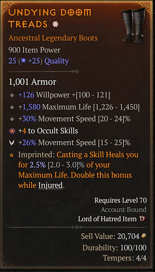 Boots Tooltip with one Greater Affix on + Rank Skill that was also masterworked to Capstone Bonus.