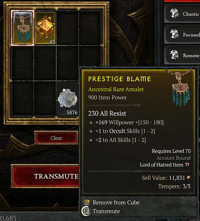 Amulet in the Horadric Cube with Willpower, Occul Skills Ranks, and All Skills Ranks.