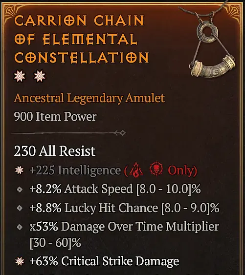 Amulet tooltip with 2 Greater Affixes on Intellingence, and on a tempered affixes for Critical Strike Damage.