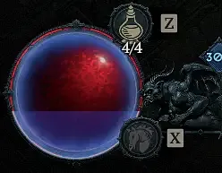 Diablo 4 health globe at full life, with a partial blue overlay indicating the player has some Barrier.