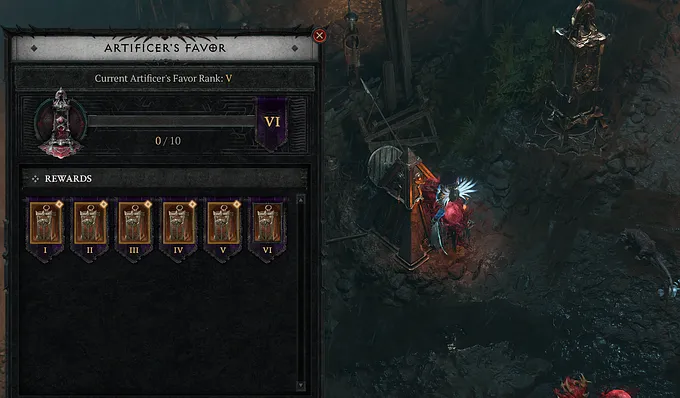 Diablo 4 Artificer’s Favor menu showing Favor Rank V with 0 of 10 progress toward Rank VI and six reward banners, next to the Artificer’s Obelisk