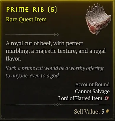 Diablo 4 Prime Ribs tooltip from in game when the Cow King drops them