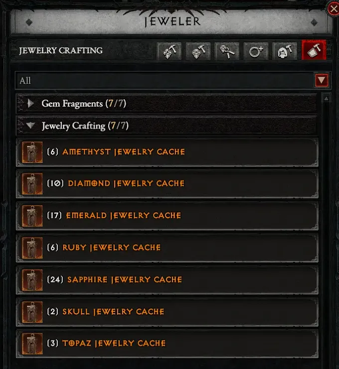 Jeweler in Diablo 4 showing the menu where you can buy caches for Gem Fragments