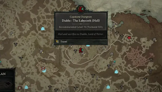 Diablo 4 map showing the location of Diablo's Capstone Dungeon, The Labyrinth