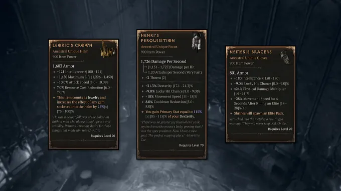 Diablo 4 item tooltips for three returning Legacy Uniques: Leoric's Crown, Henri's Perquisition, and Nemesis Bracers