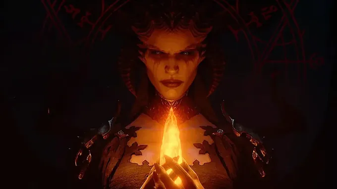 Diablo 4 Lilith in the middle holding a glowing stone and looking scary