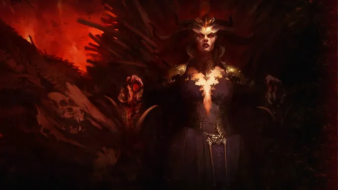Lilith with dark wings and glowing red eyes amid skulls and fire in Diablo 4 key art.