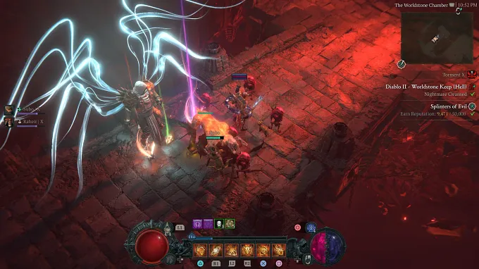 Diablo 4 Ball Capstone dungeons after the fight, with Tyreal over the loot, and a Mythic item being hidden by a loot filter
