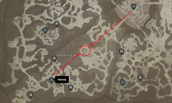 Diablo 4 map showing the way from Kyovashad and Nevesk to Lorath's Cabin in-between