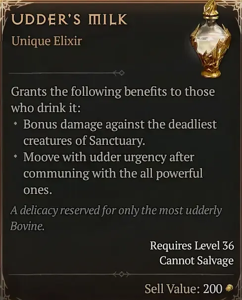 Diablo 4 unique rare item called Udder's Milk that can drop from the Moophisto boss
